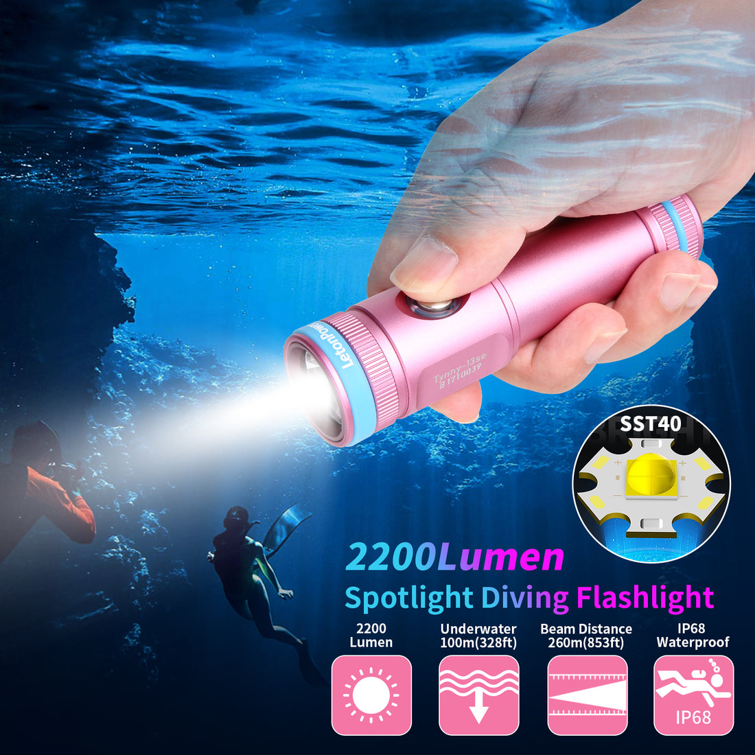 Tynny-13se Diving Flashlight (2200 Lumens/Spotlight Diving Light/Pink)