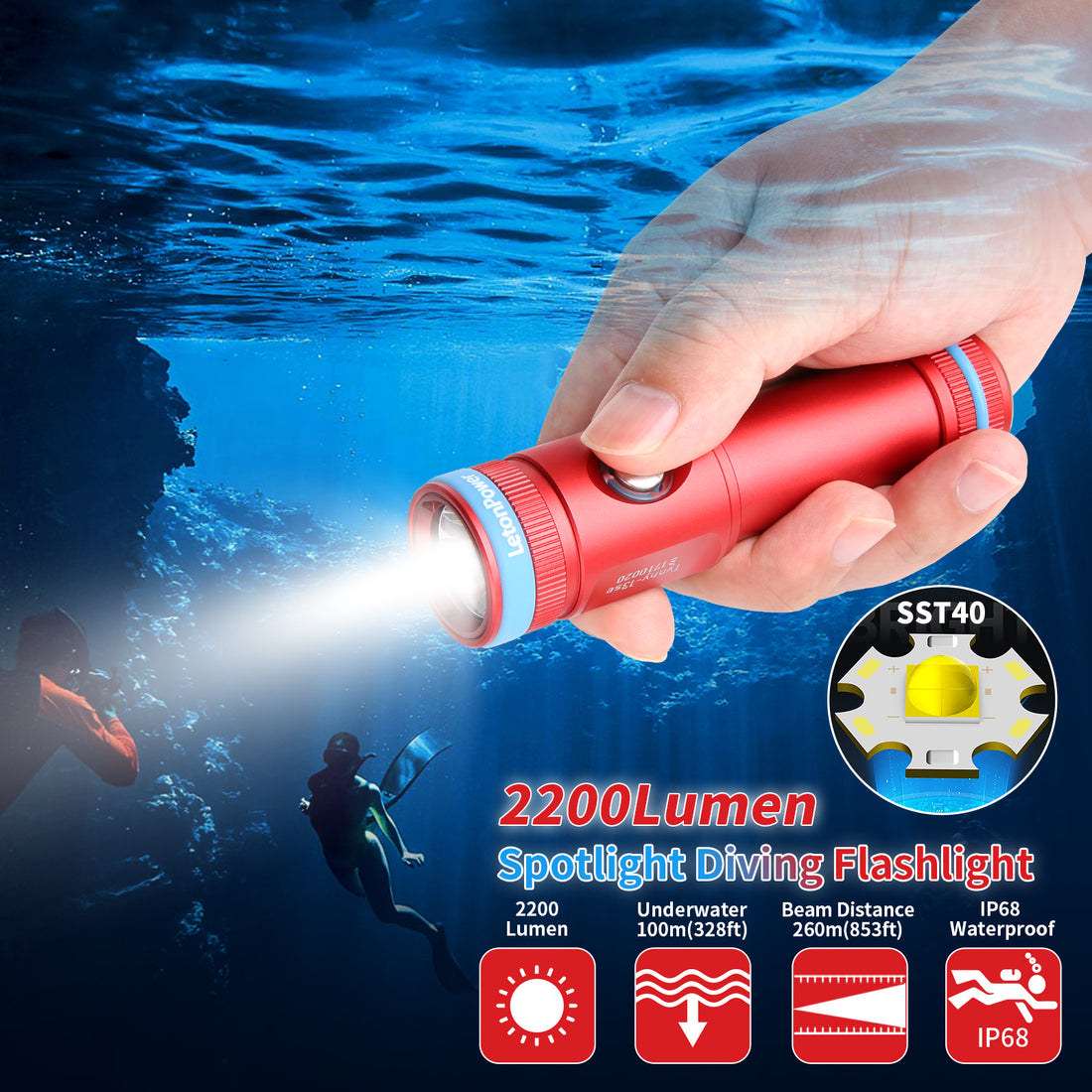 Tynny-13se Diving Flashlight (2200 Lumens/Spotlight Diving Light/Red)